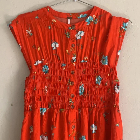 Free People Women M Greatest Day Mini Dress Orange Floral Smocked Size Small - Picture 3 of 7